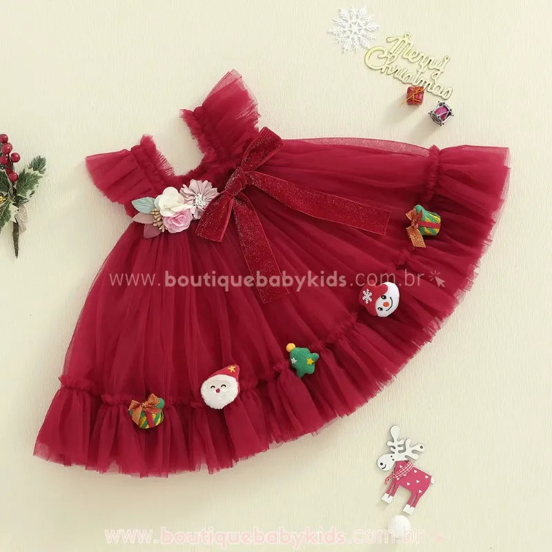 Vestido Infantil Tule Encanto Natalino com Apliques Vermelho - Boutique Baby Kids