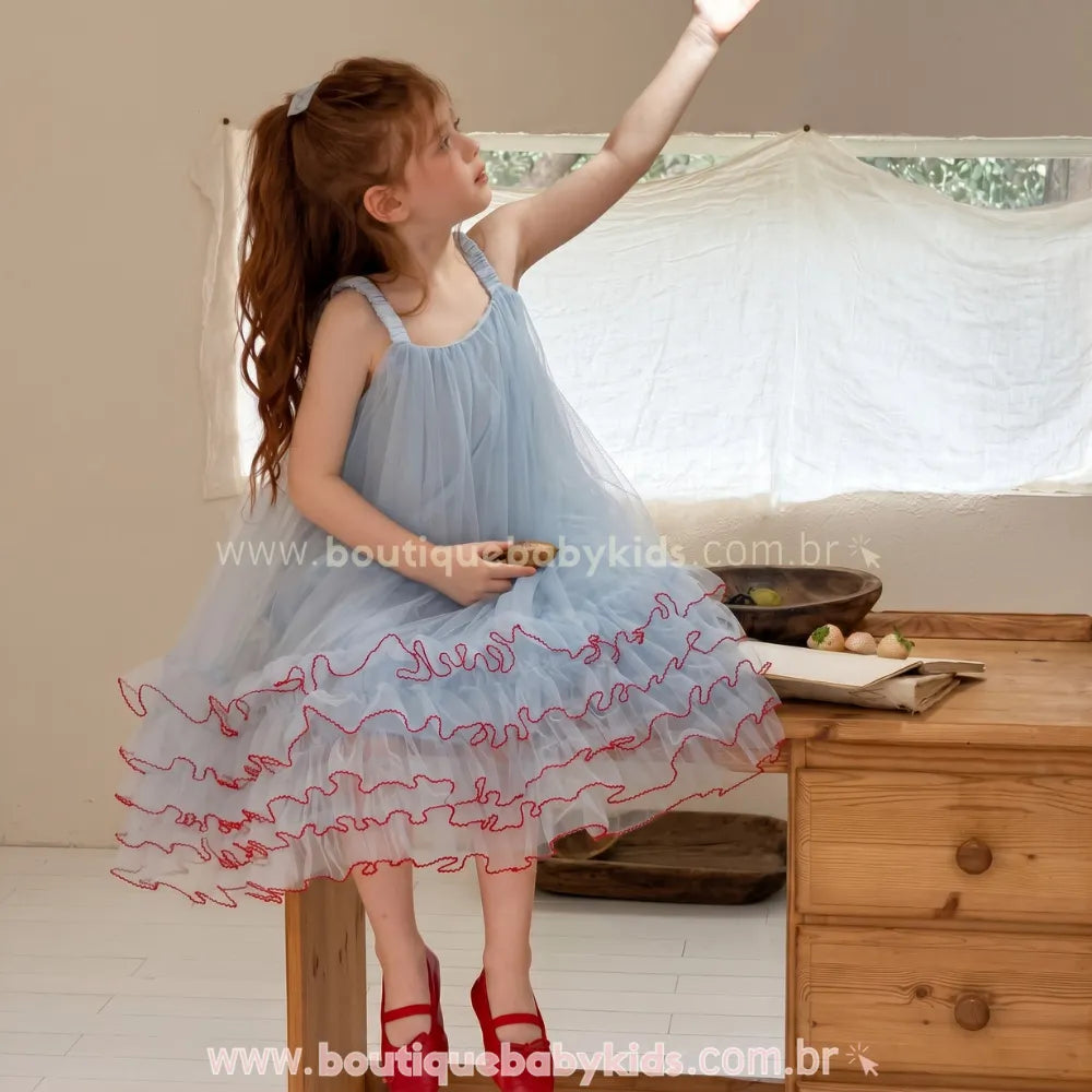Vestido Infantil Petit Ciel Azul Delicado com Tule e Babados - Boutique Baby Kids