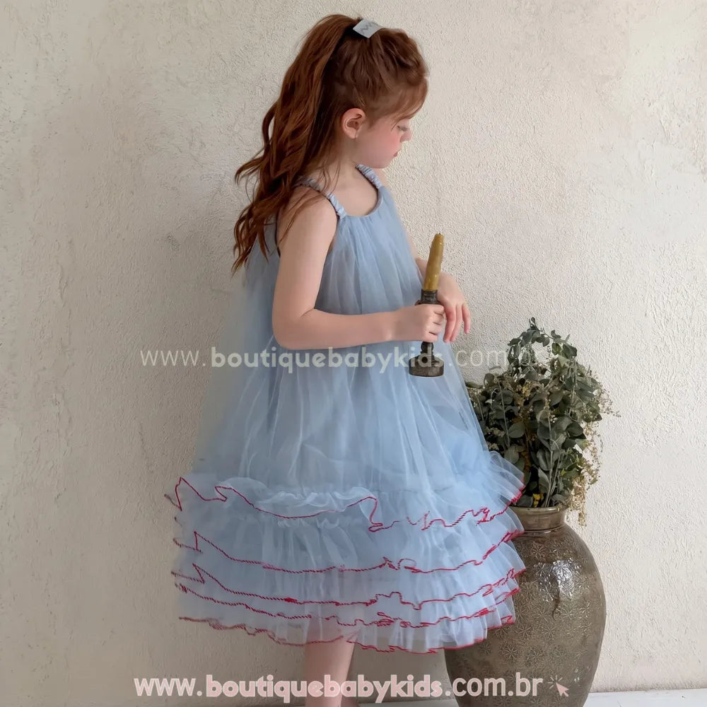 Vestido Infantil Petit Ciel Azul Delicado com Tule e Babados - Boutique Baby Kids