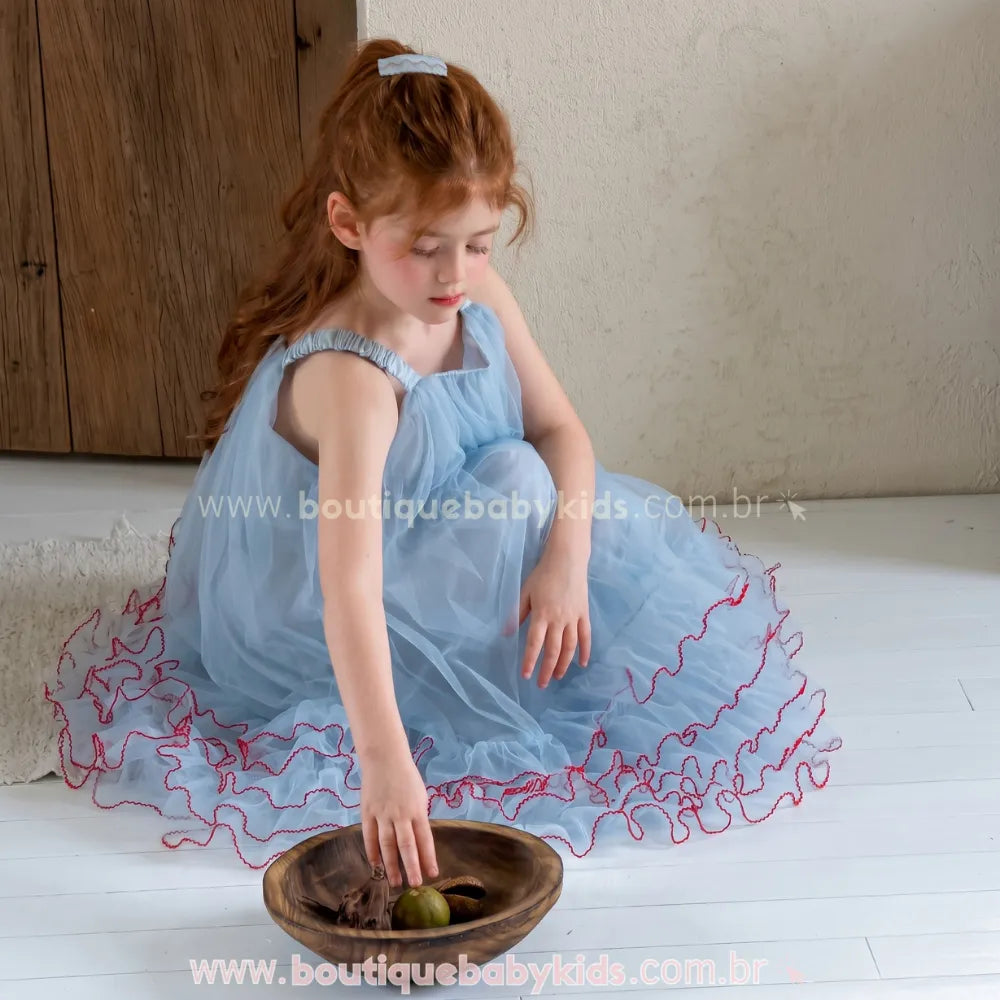 Vestido Infantil Petit Ciel Azul Delicado com Tule e Babados - Boutique Baby Kids