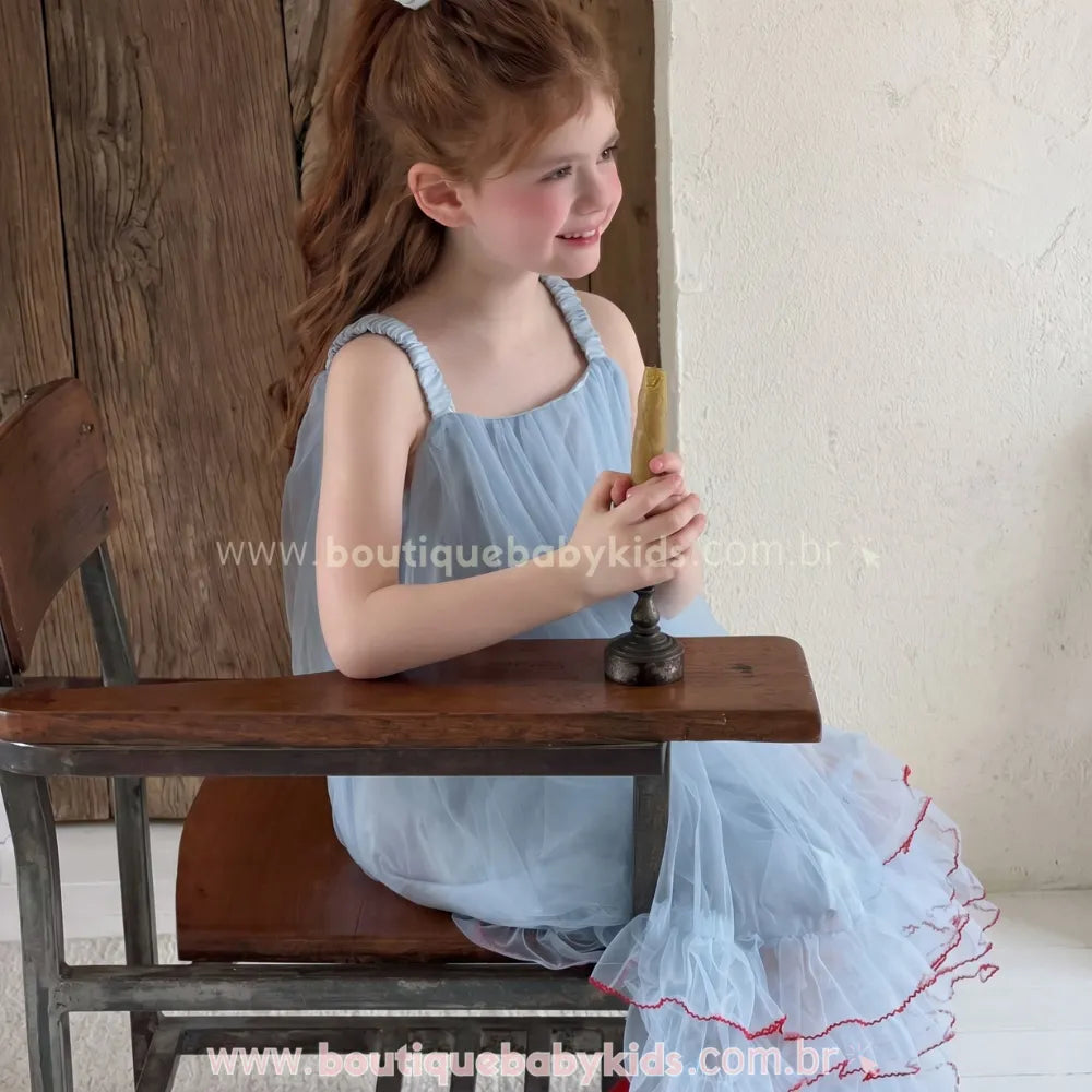Vestido Infantil Petit Ciel Azul Delicado com Tule e Babados - Boutique Baby Kids