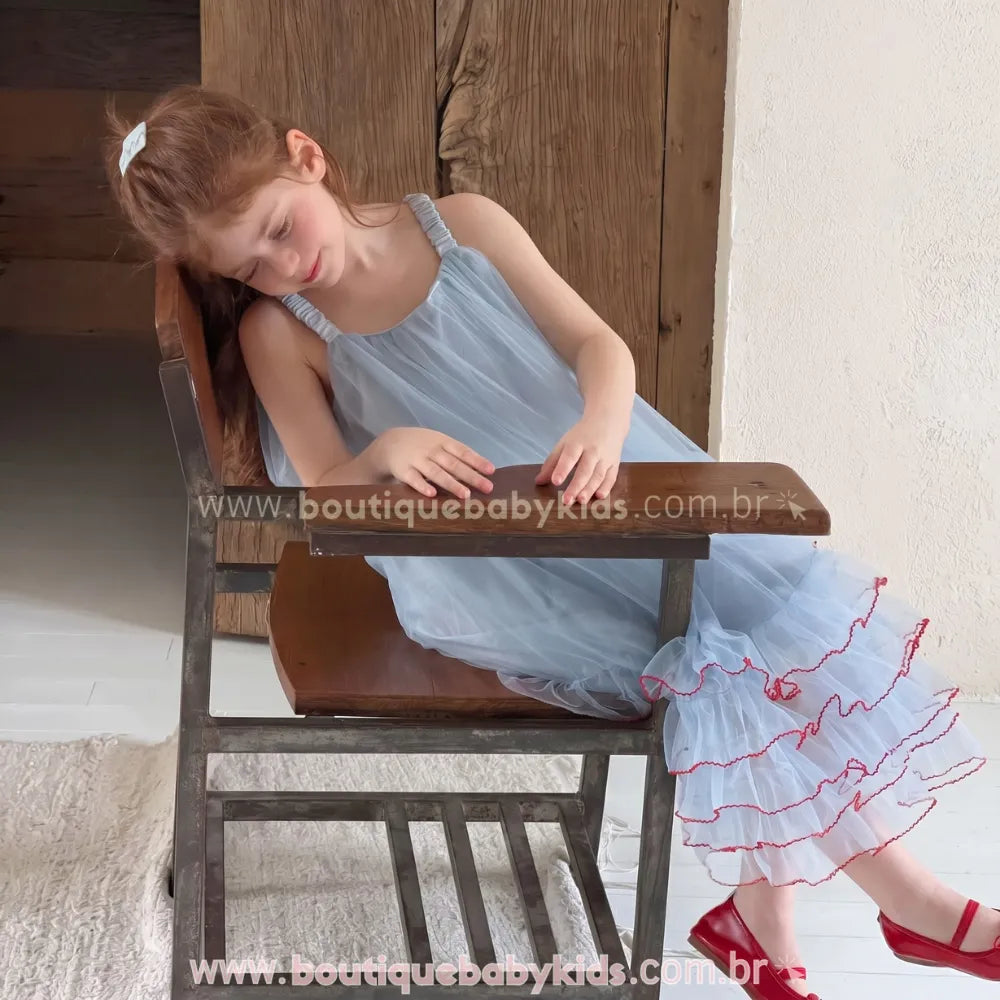 Vestido Infantil Petit Ciel Azul Delicado com Tule e Babados - Boutique Baby Kids
