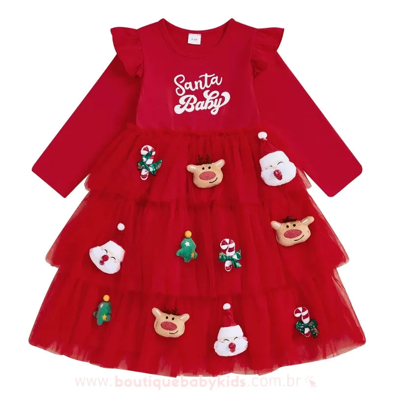 Vestido Infantil Tule 'Santa Baby' com Apliques de Natal Vermelho - Boutique Baby Kids
