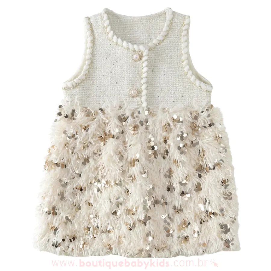 Vestido infantil de festa modelo Tweed Belle Plume na cor off-white, visto de frente. Busto em tecido tweed clássico com botões de pérola e saia volumosa de plumas com paetês dourados.