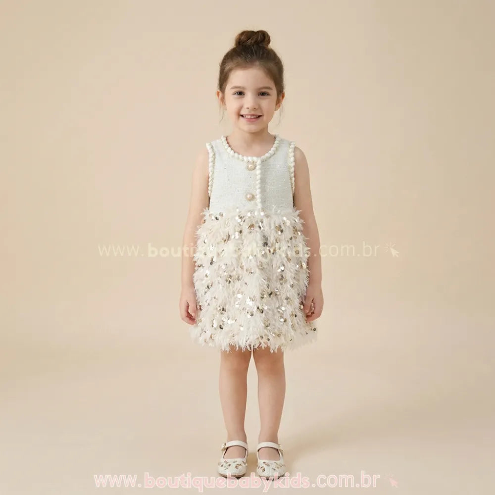 Menina sorrindo usando o Vestido Infantil Tweed Belle Plume, demonstrando o caimento elegante do modelo evasê e o brilho dos paetês na saia.