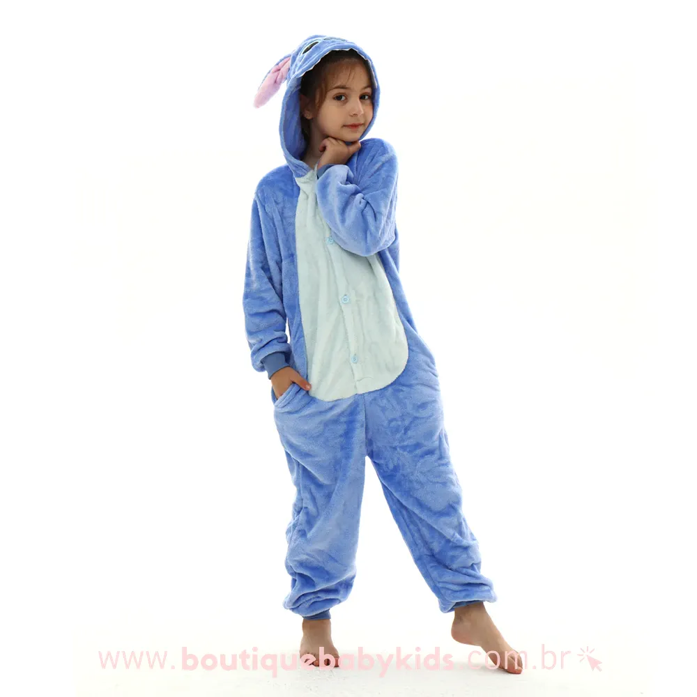 Macacão Pijama Infantil Fantasia Stitch Azul - 3 a 12 Anos - Frete Grátis - Boutique Baby Kids