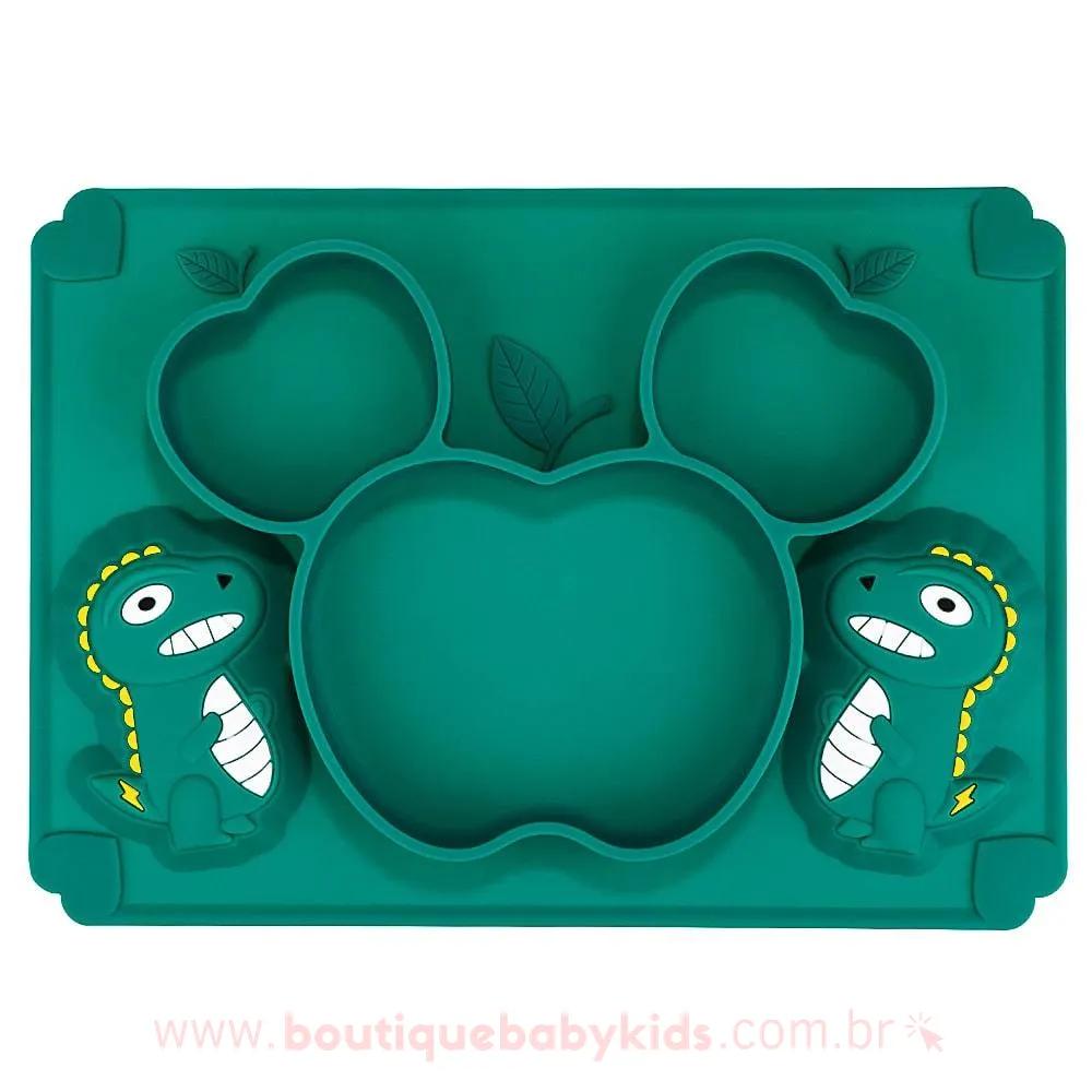 Prato de Silicone Dinossauro com Divisórias Verde - Introdução Alimentar - Boutique Baby Kids 