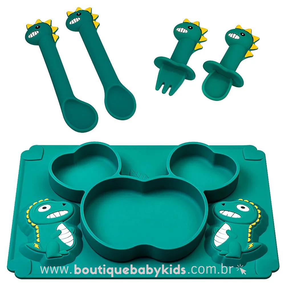 Kit Alimentação em Silicone Dinossauro Verde 5 Peças - Frete Grátis - Boutique Baby Kids #verde