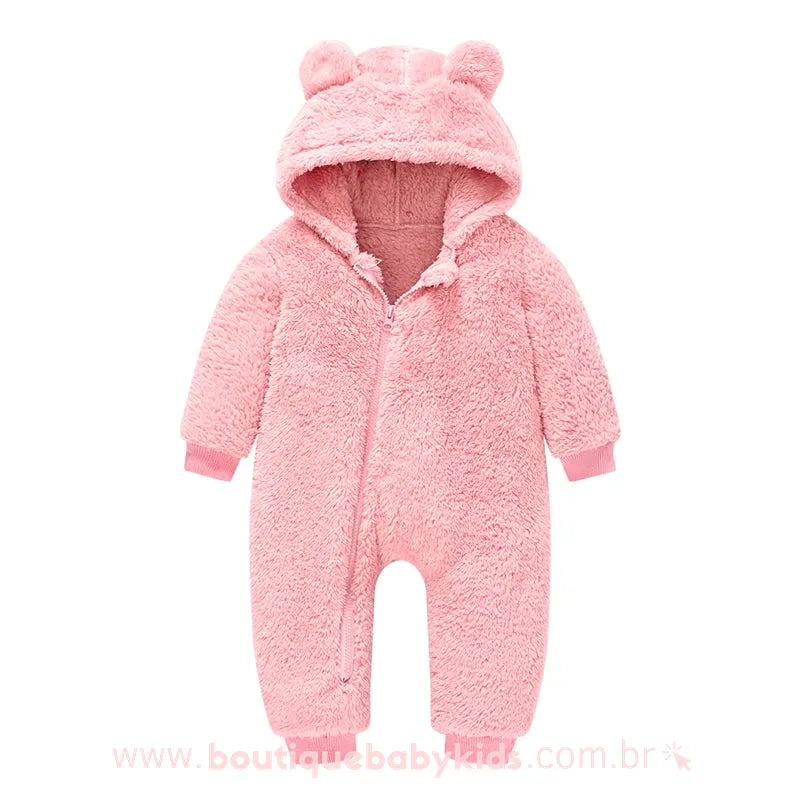 Macacão Bebê Ursinho Pelúcia com Capuz Rosa - Boutique Baby Kids