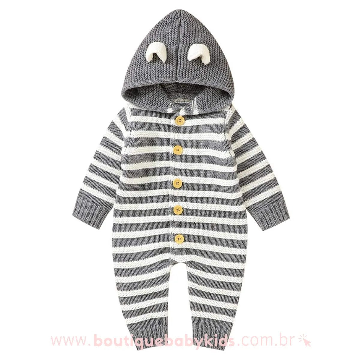 Macacão Bebê Inverno Tricot Listrado Ursinho Cinza - Boutique Baby Kids