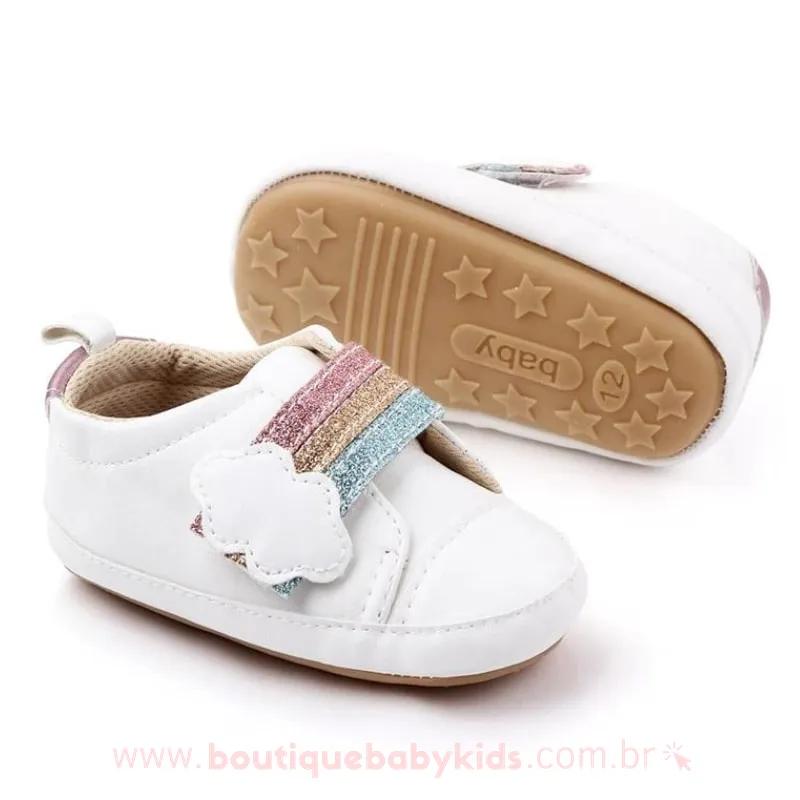 Tênis Bebê Primeiros Passos Arco-Íris Branco- 0 a 18 meses - Frete Grátis - Boutique Baby Kids 