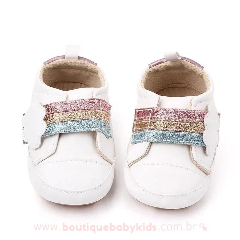 Tênis Bebê Primeiros Passos Arco-Íris Branco- 0 a 18 meses - Frete Grátis - Boutique Baby Kids 