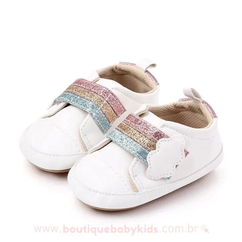Tênis Bebê Primeiros Passos Arco-Íris Branco- 0 a 18 meses - Frete Grátis - Boutique Baby Kids 