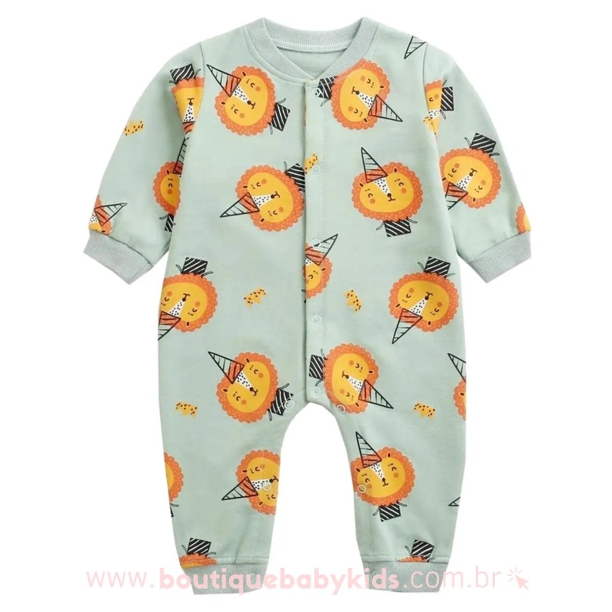 Macacão Bebê Estampa Leãozinho Manga Longa Verde - Boutique Baby Kids