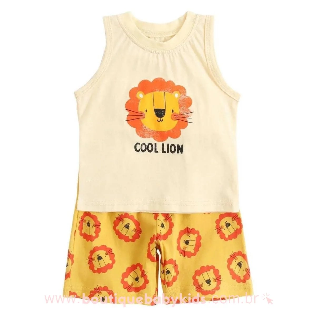 Conjunto Bebê Estampa Leãozinho Regata Short 2 Peças Bege - Boutique Baby Kids