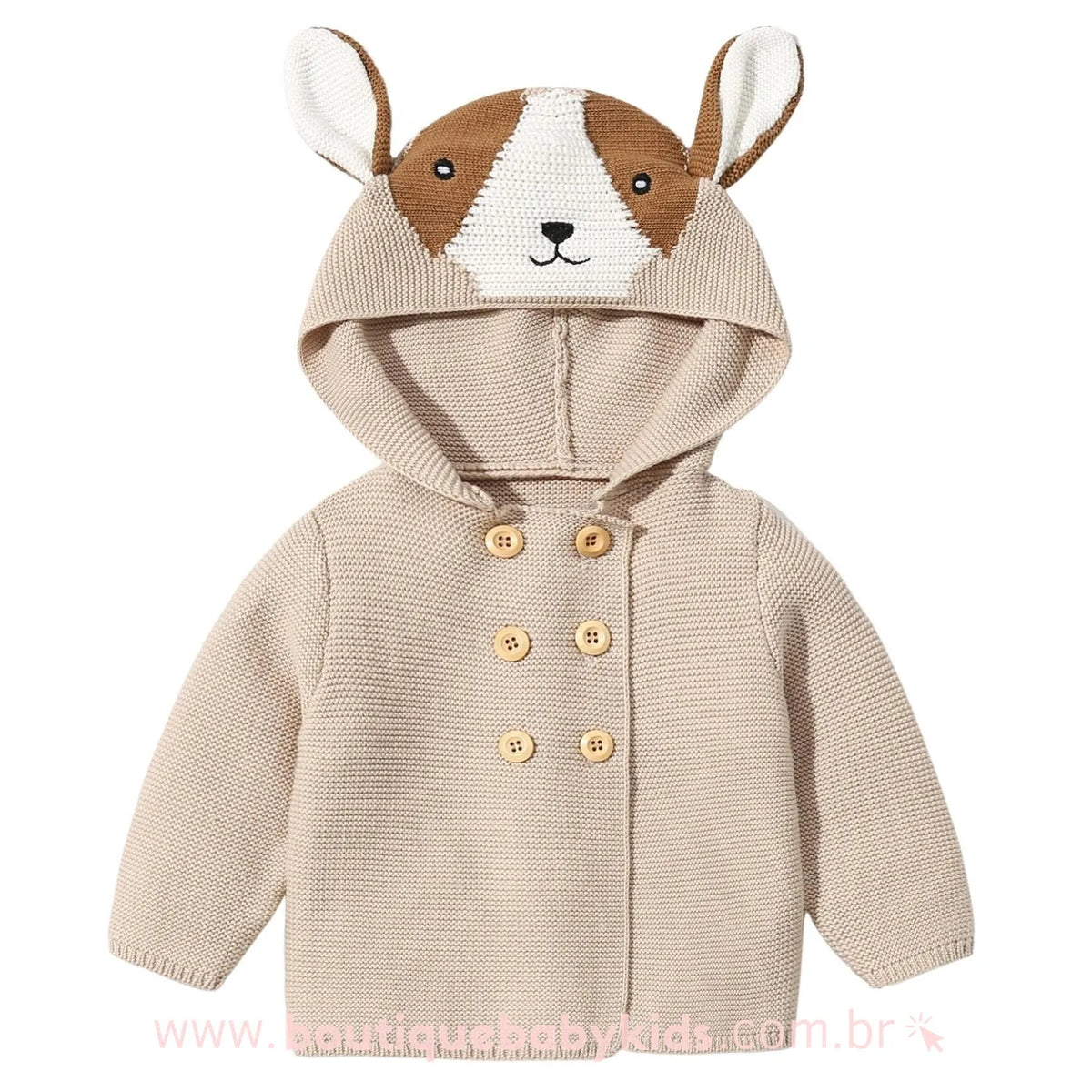 Casaco Bebê Inverno Tricot Cachorrinho Bege com Capuz - Frete Grátis - Boutique Baby Kids 