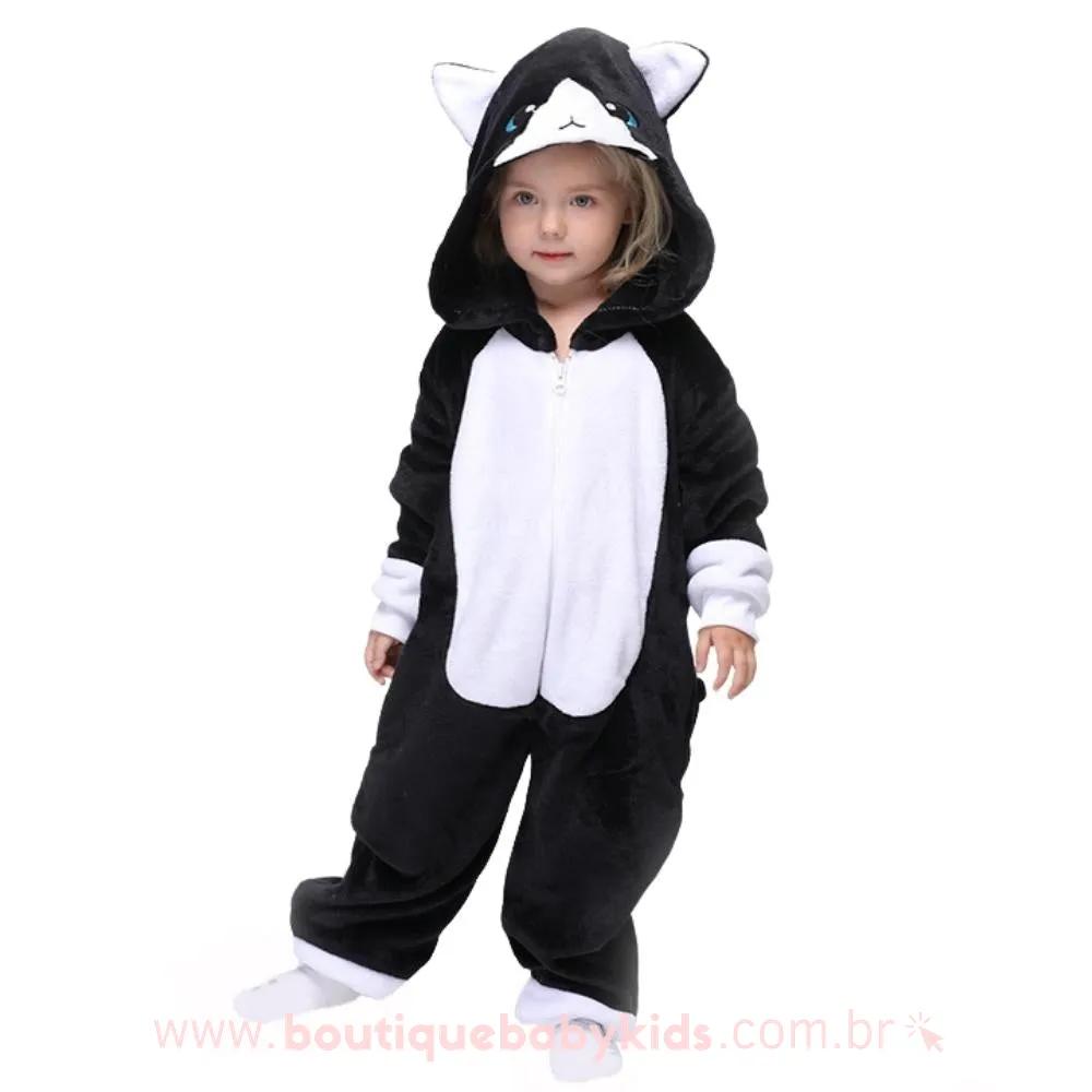 Pijama Macacão Infantil Kigurumi Fantasia Gato Preto - 3 a 12 Anos - Boutique Baby Kids