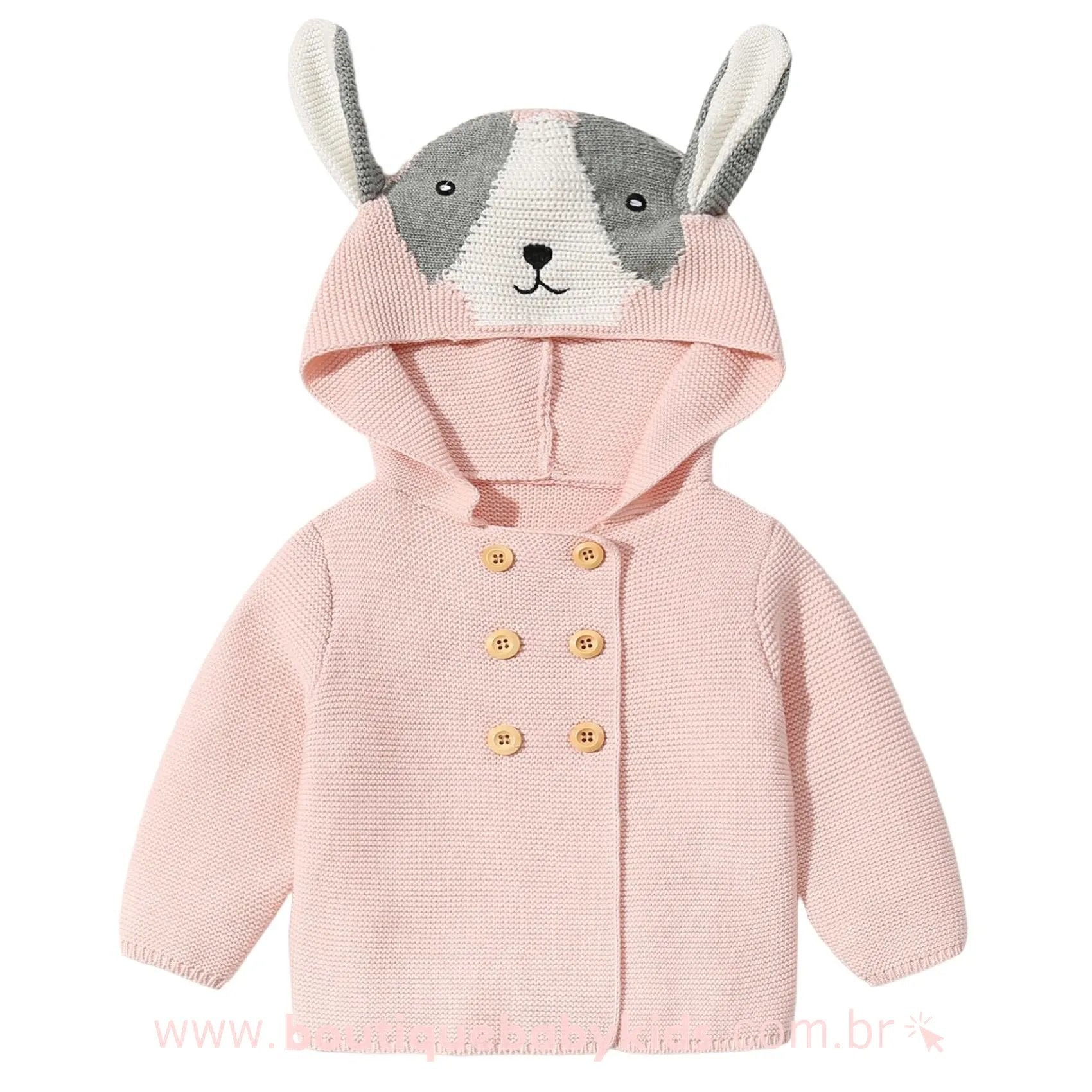 Casaco Bebê Inverno Tricot Cachorrinho Rosa com Capuz - Frete Grátis - Boutique Baby Kids 