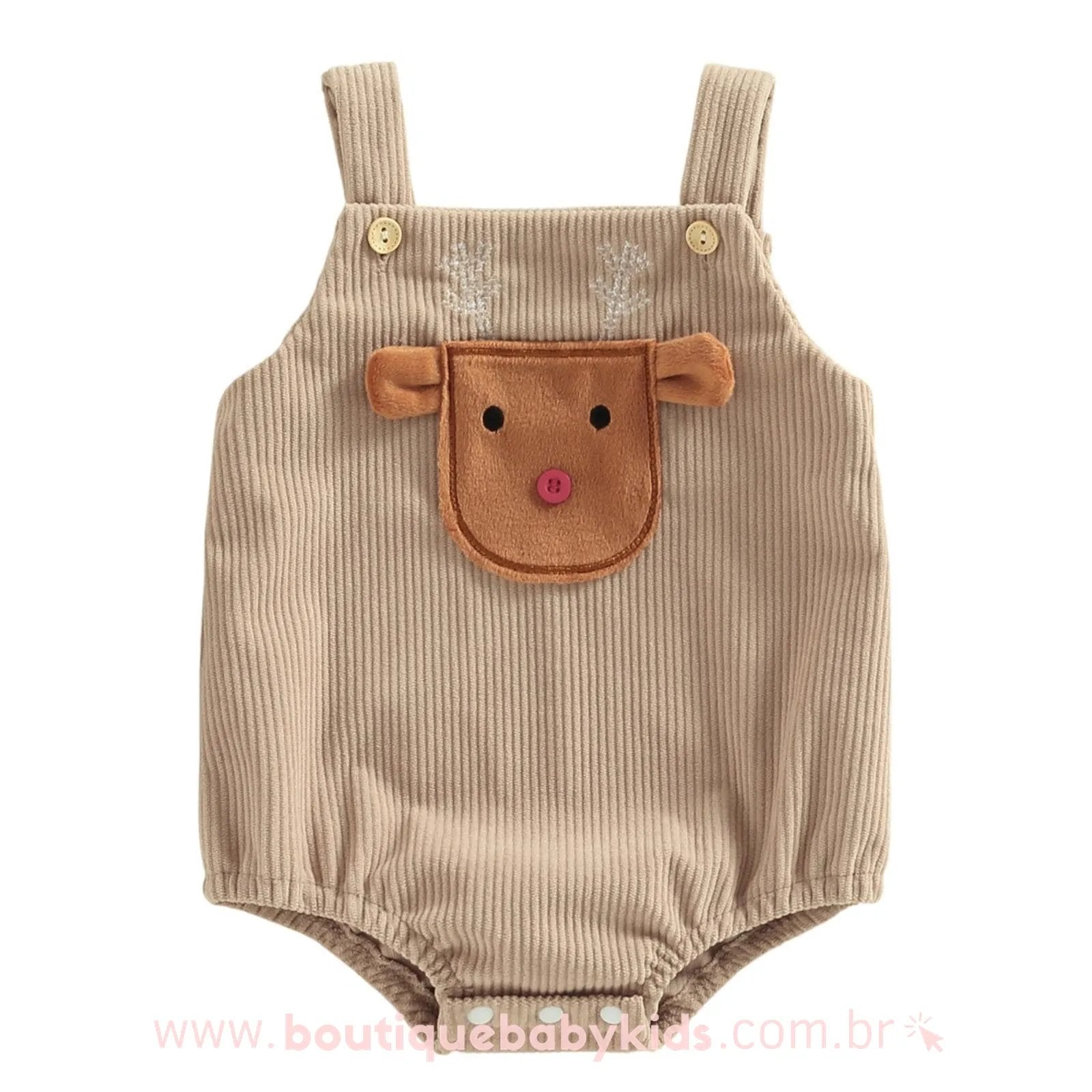 Body Bebê Jardineira Bordado Natal Rena Bege - Boutique Baby Kids