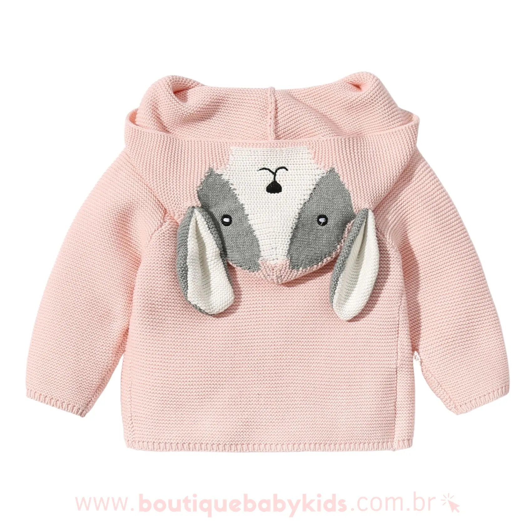 Casaco Bebê Inverno Tricot Cachorrinho Rosa com Capuz - Frete Grátis - Boutique Baby Kids 
