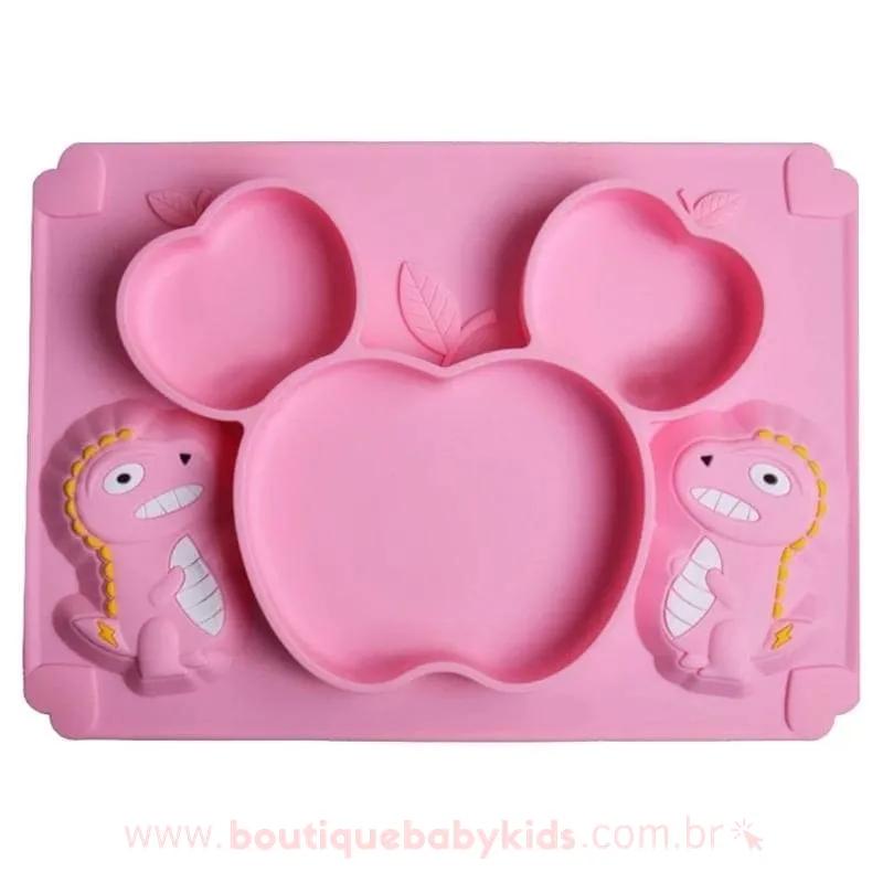 Prato de Silicone Dinossauro com Divisórias Rosa - Introdução Alimentar - Boutique Baby Kids 
