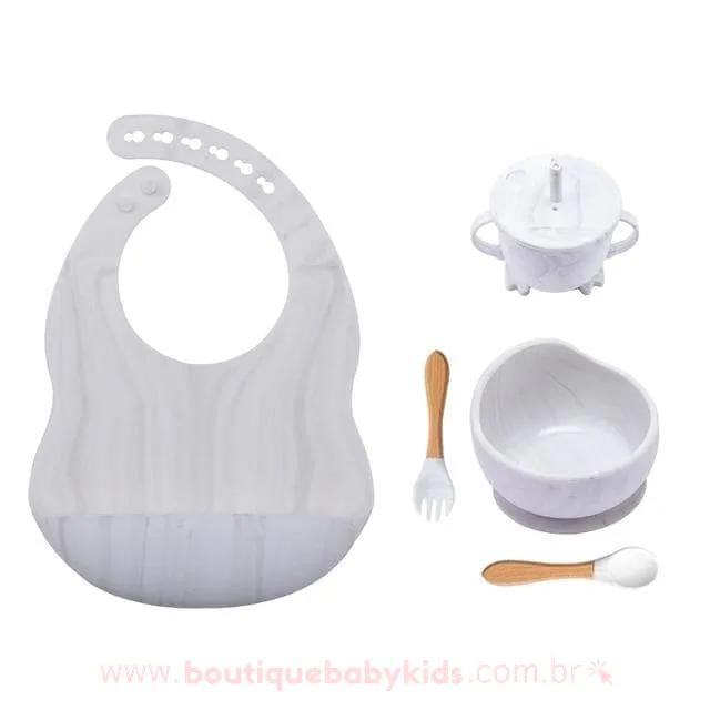 Kit Alimentação em Silicone 5 Peças Branco Mármore - Boutique Baby Kids