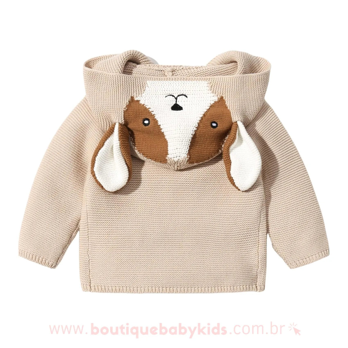 Casaco Bebê Inverno Tricot Cachorrinho Bege com Capuz - Frete Grátis - Boutique Baby Kids 