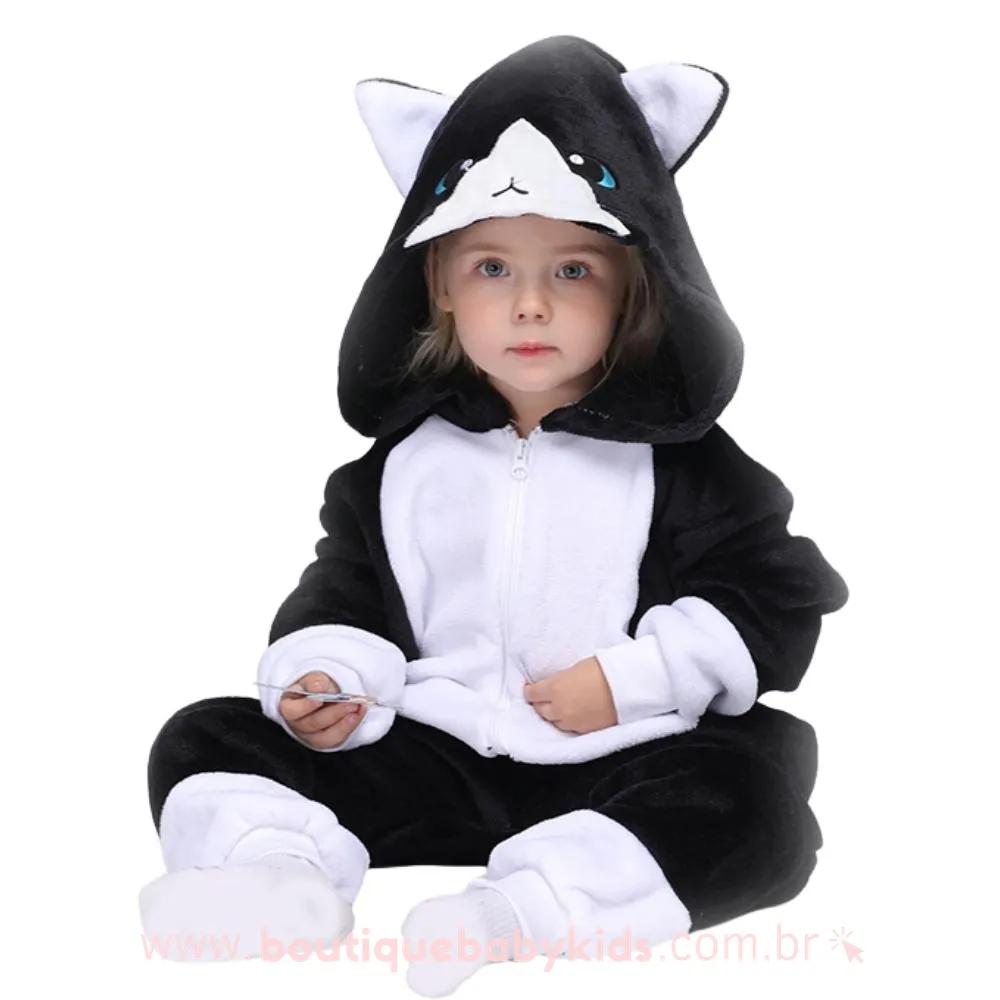 Pijama Macacão Infantil Kigurumi Fantasia Gato Preto - 3 a 12 Anos - Boutique Baby Kids