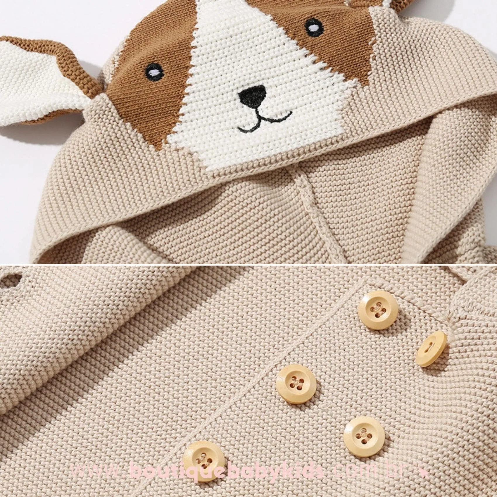 Casaco Bebê Inverno Tricot Cachorrinho Bege com Capuz - Frete Grátis - Boutique Baby Kids 