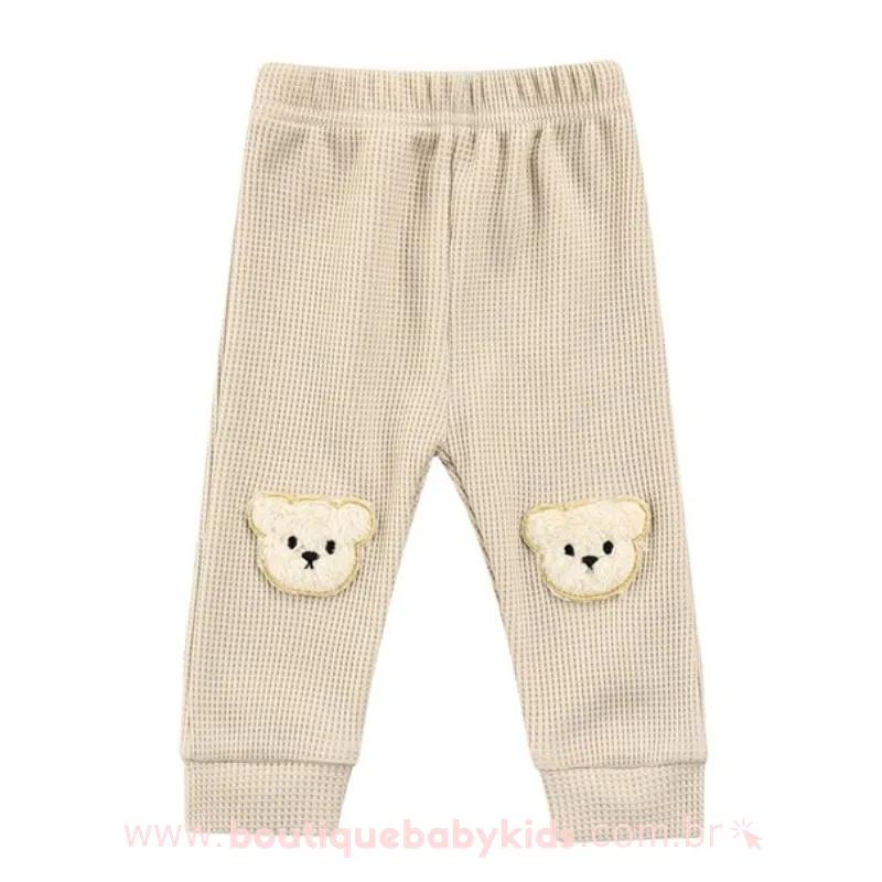 Calça Bebê Infantil Ursinho Bordado Bege -1 a 4 Anos - Frete Grátis - Boutique Baby Kids 