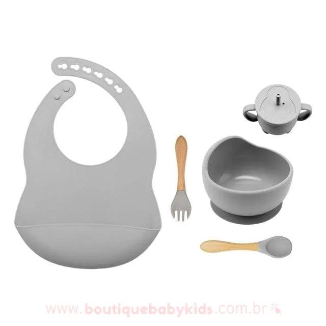 Kit Alimentação em Silicone 5 Peças Cinza - Boutique Baby Kids