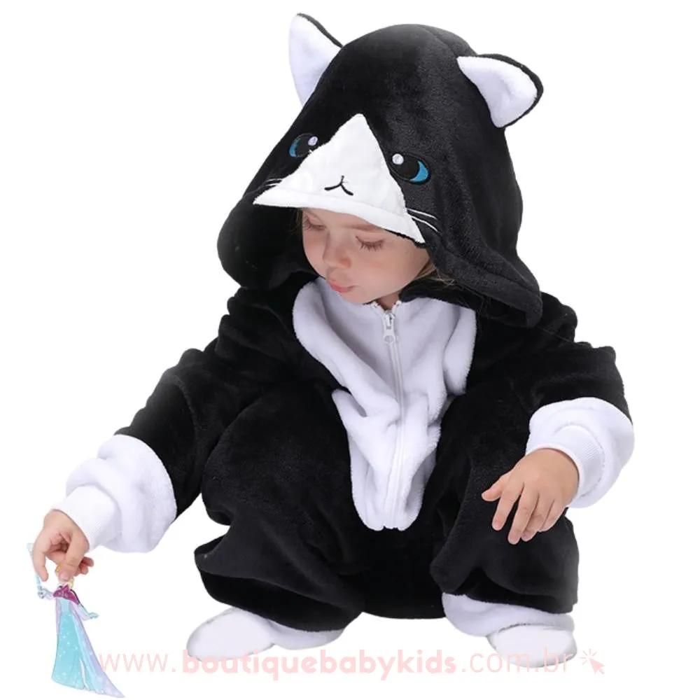 Pijama Macacão Infantil Kigurumi Fantasia Gato Preto - 3 a 12 Anos - Boutique Baby Kids