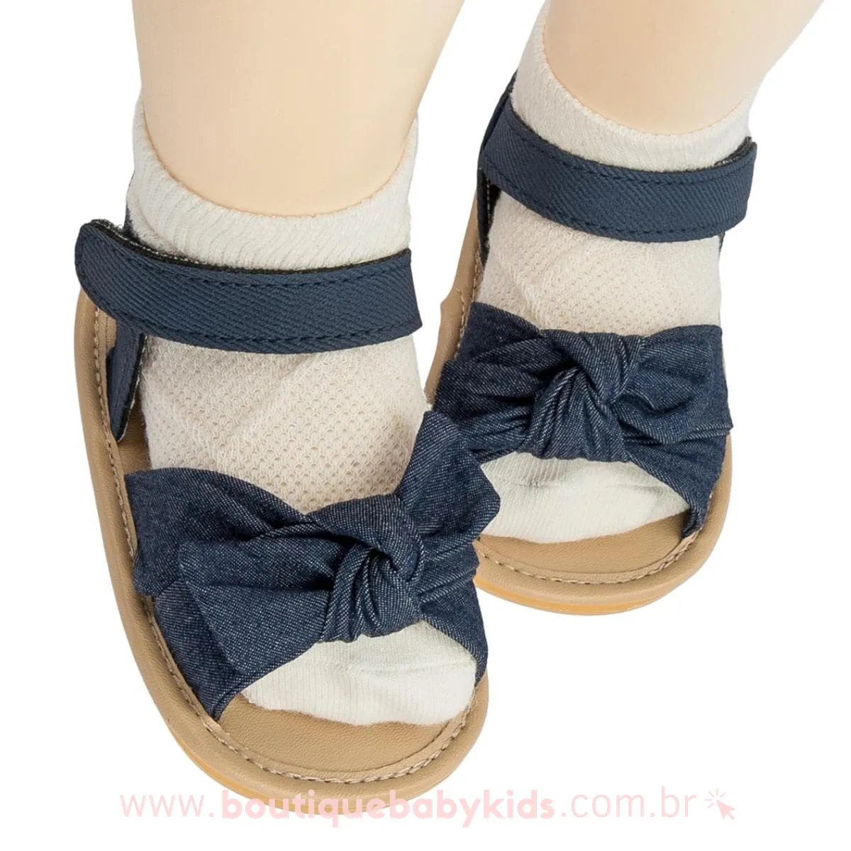 Sandália Bebê Primeiros Passos Laço Frontal Jeans Azul Marinho - Boutique Baby Kids