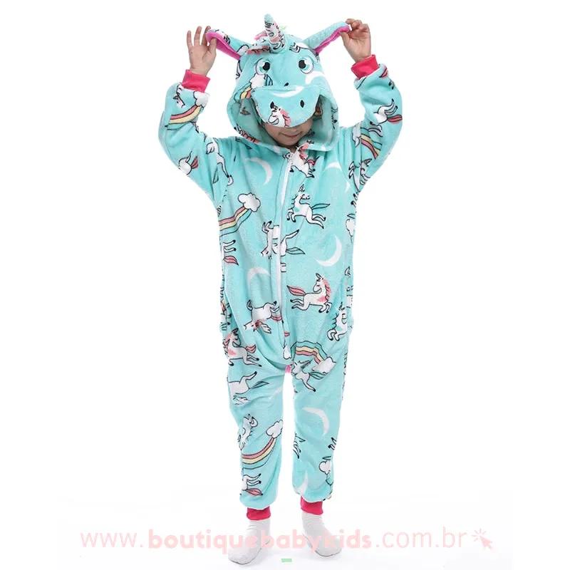 Pijama Infantil Fantasia Unicórnio Estampado Azul - Frete Grátis