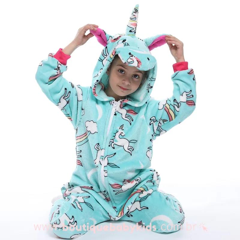 Pijama Infantil Fantasia Unicórnio Estampado Azul - Frete Grátis