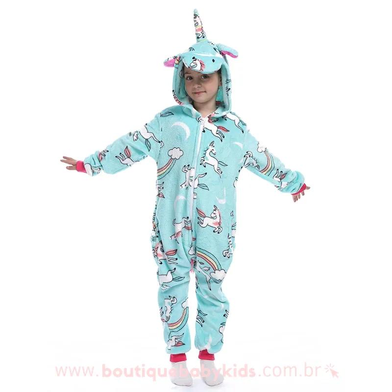 Pijama Infantil Fantasia Unicórnio Estampado Azul - Frete Grátis