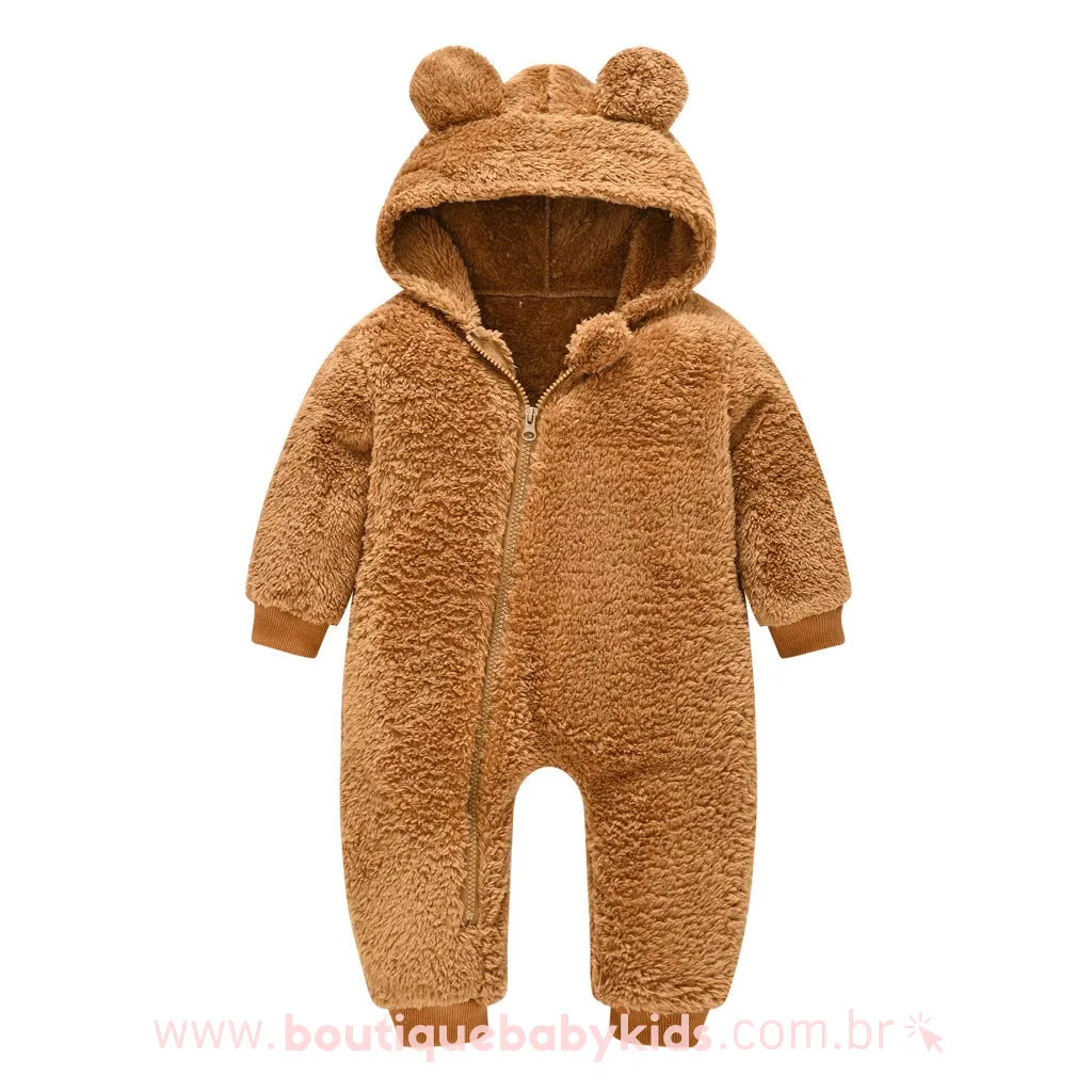 Macacão Bebê Ursinho Pelúcia com Capuz Caramelo - Boutique Baby Kids