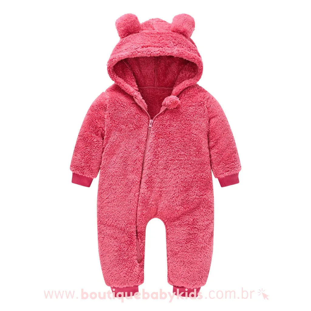 Macacão Bebê Ursinho Pelúcia com Capuz Rosa - Boutique Baby Kids