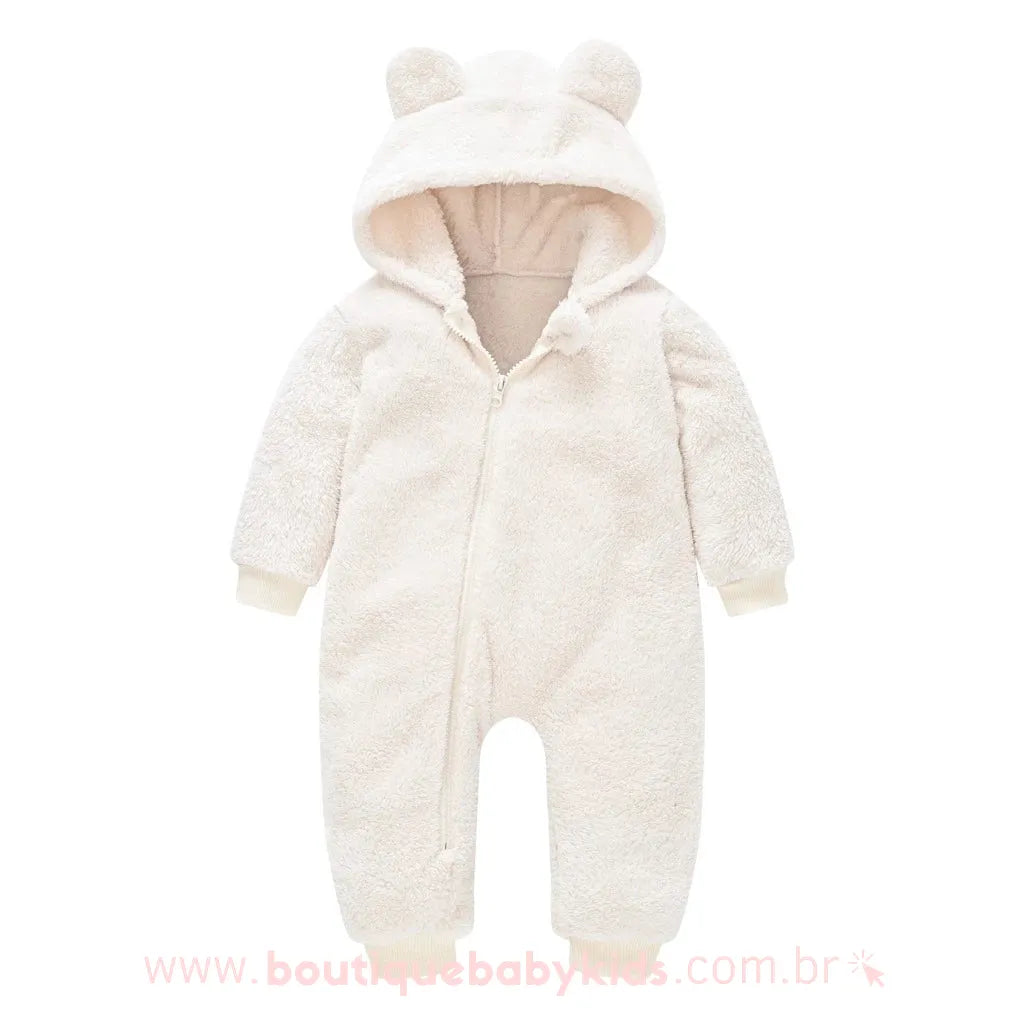 Macacão Bebê Ursinho Pelúcia com Capuz Branco - Boutique Baby Kids